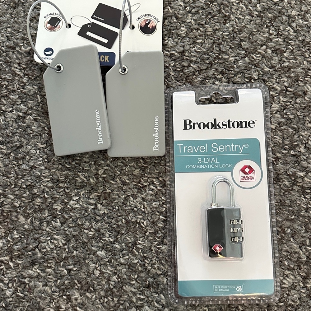 NWT brand new Brookstone Gray Travel 3-Dial Combination Lock & 2 Luggage Tags